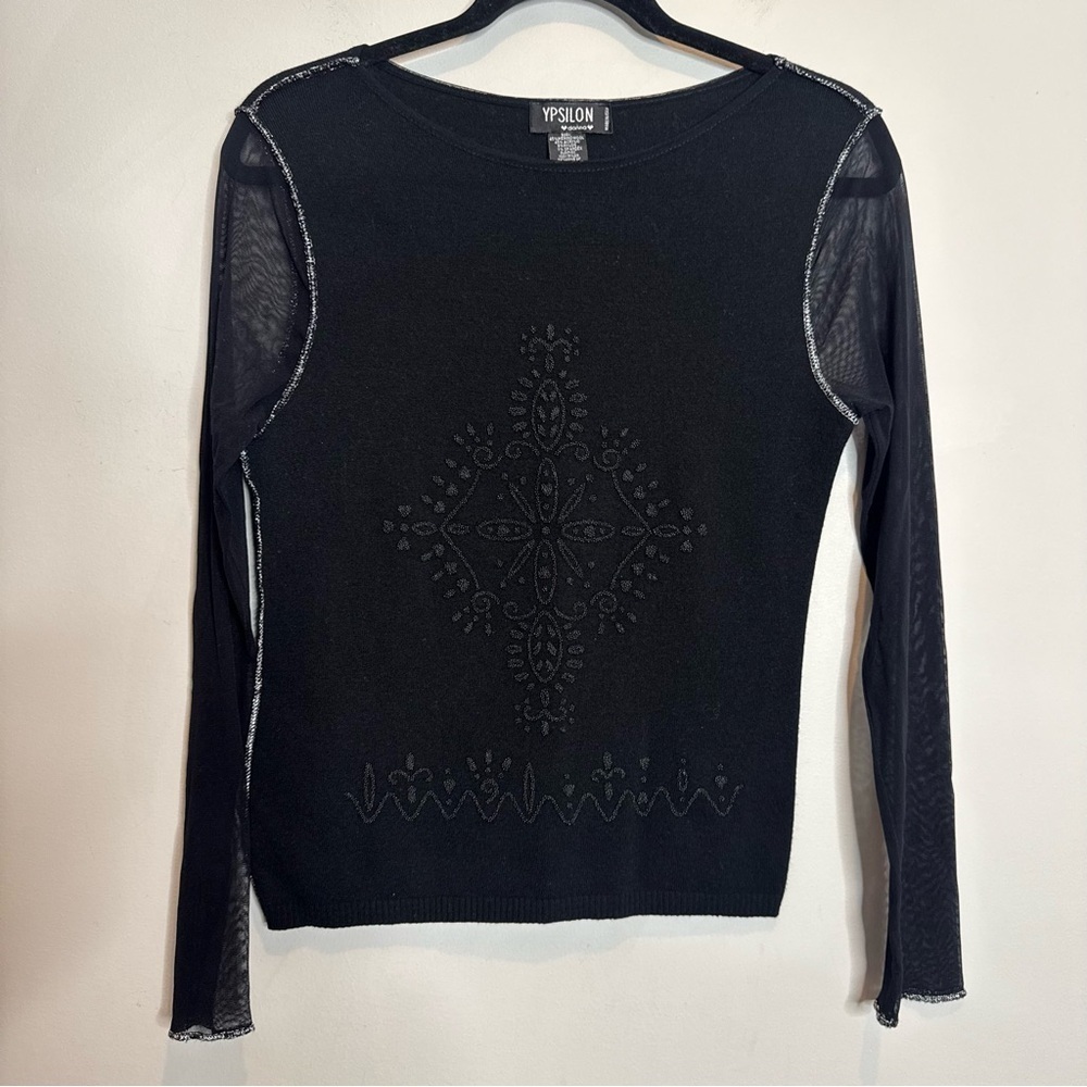 VTG Ypsilon Donna Black Mesh Sheer Sleeve Top Gothic Ornate Y2K Romantic Goth L
